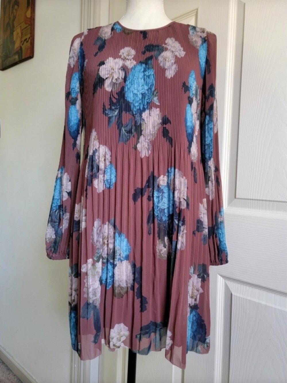 Aritzia Wilfred Floral Long Sleeve Pleated Chiffon Mini Dress Size M